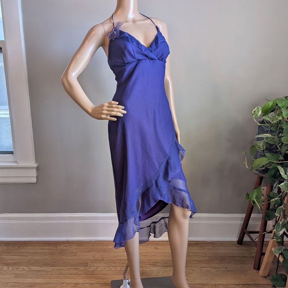 Vintage Y2K Rampage Purple Midi Dress Glitter Ruffle Whimsygoth Fairycore Size 9